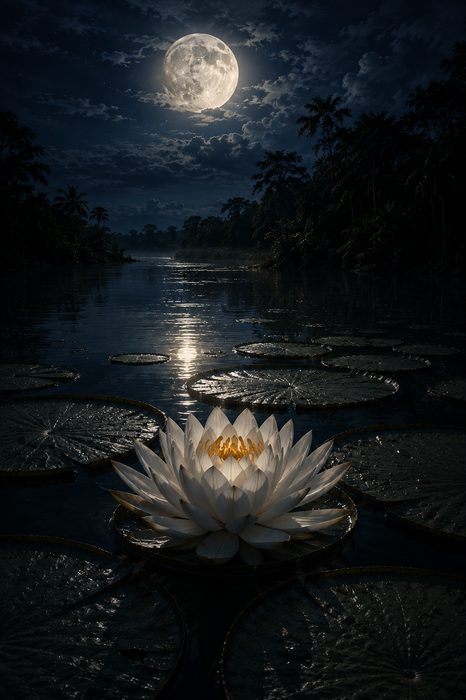 Vitória-Régia ao luar em lago amazônico — lenda de Naiá e dependência emocional na psicologia analítica
