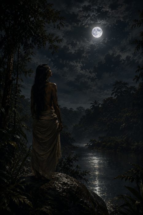 Naiá percorrendo a floresta à noite em busca da lua — arquétipo da Puella na psicologia junguiana